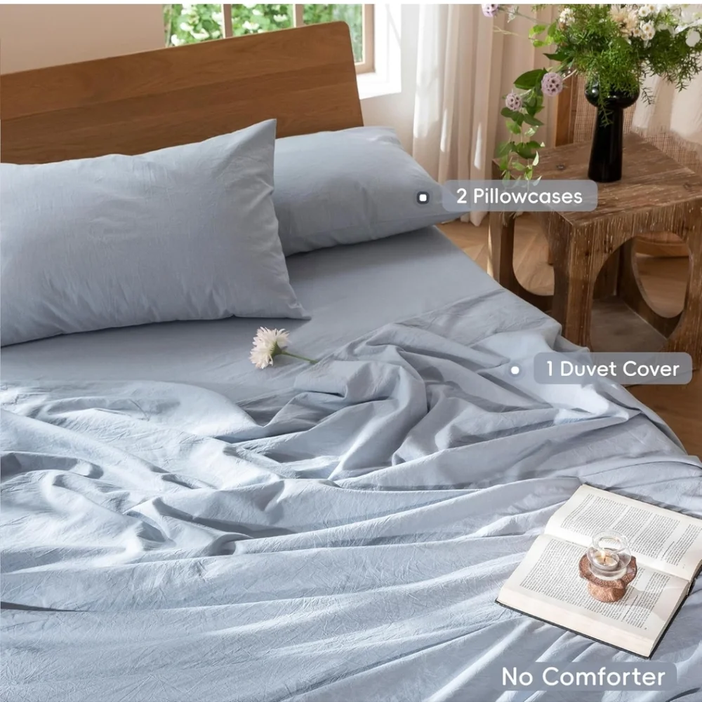 MooMee Bedding Duvet Cover Set 100% Washed Cotton Linen Like Textured Breathable